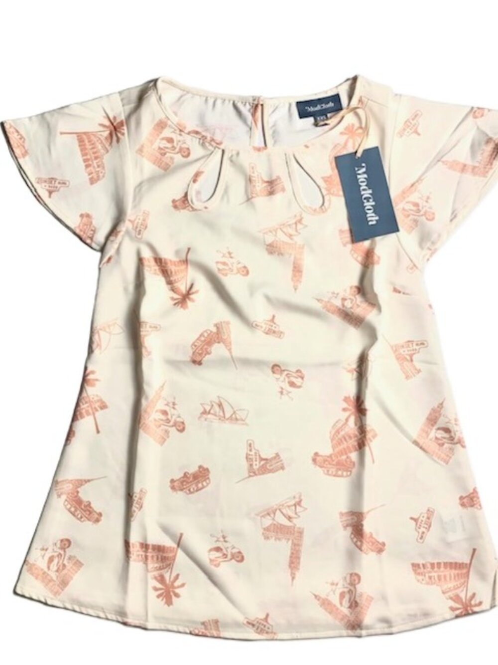 NWT ModCloth "European Vacation" Cutout Graphic Blouse XXS